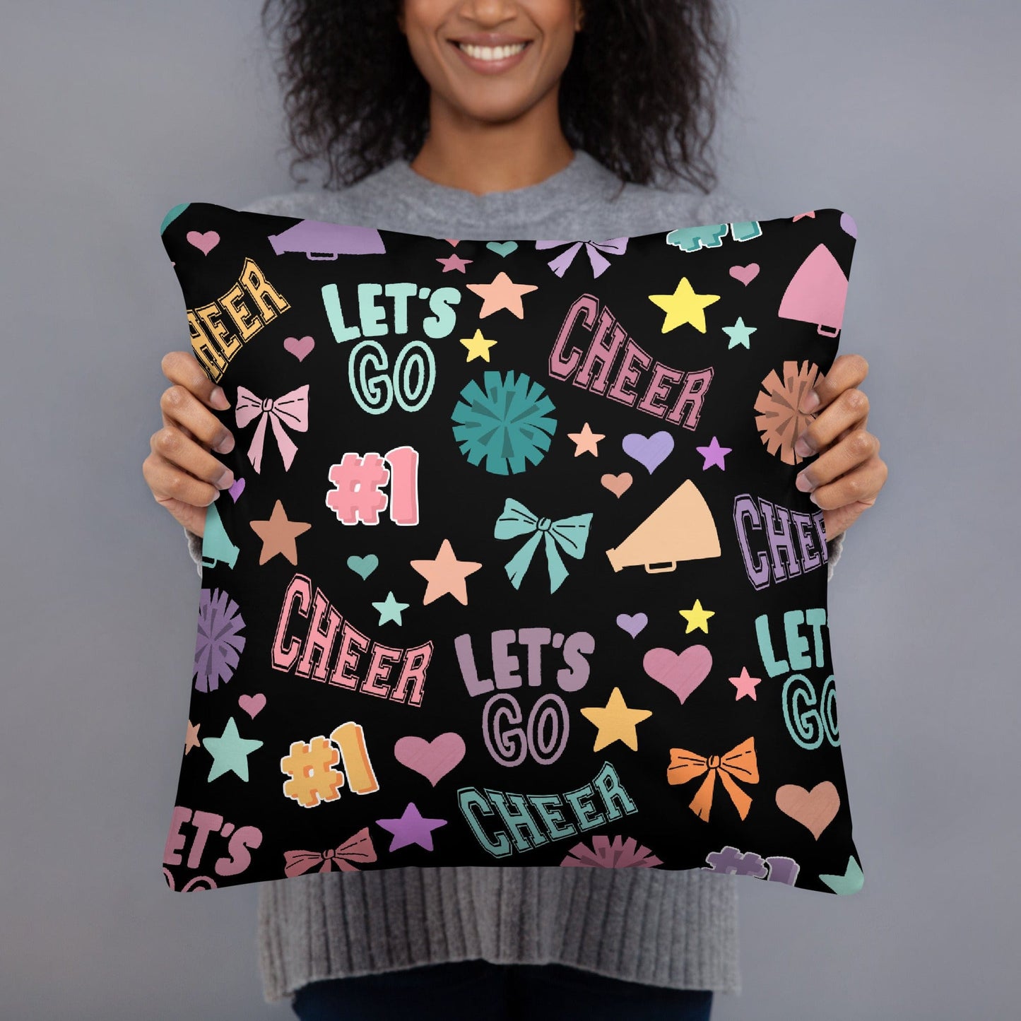 Pastel Cheer Pillow on Black – Cheerleader Room Decor 18″×18″ Spirit Gear Collective Pillow
