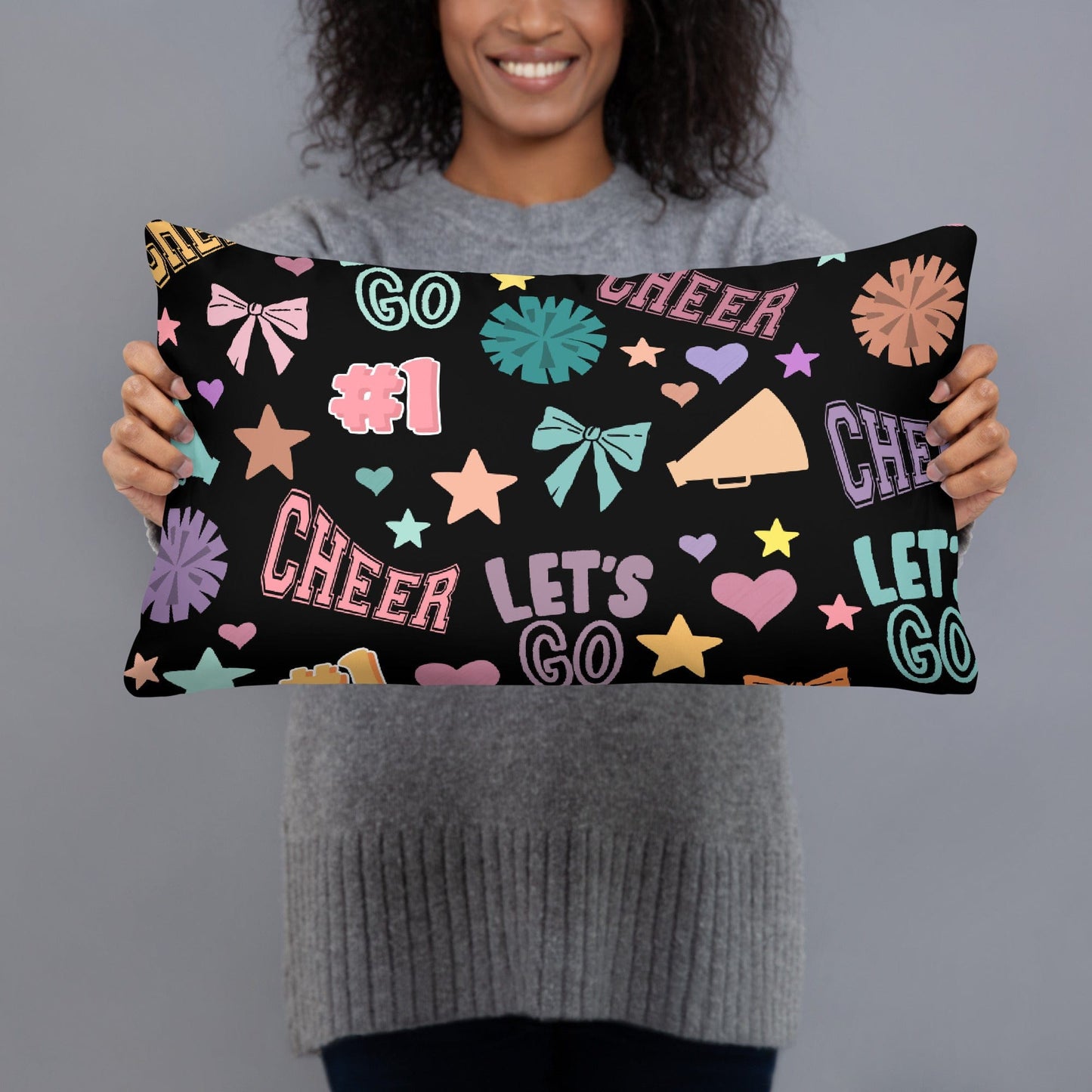 Pastel Cheer Pillow on Black – Cheerleader Room Decor 20″×12″ Spirit Gear Collective Pillow