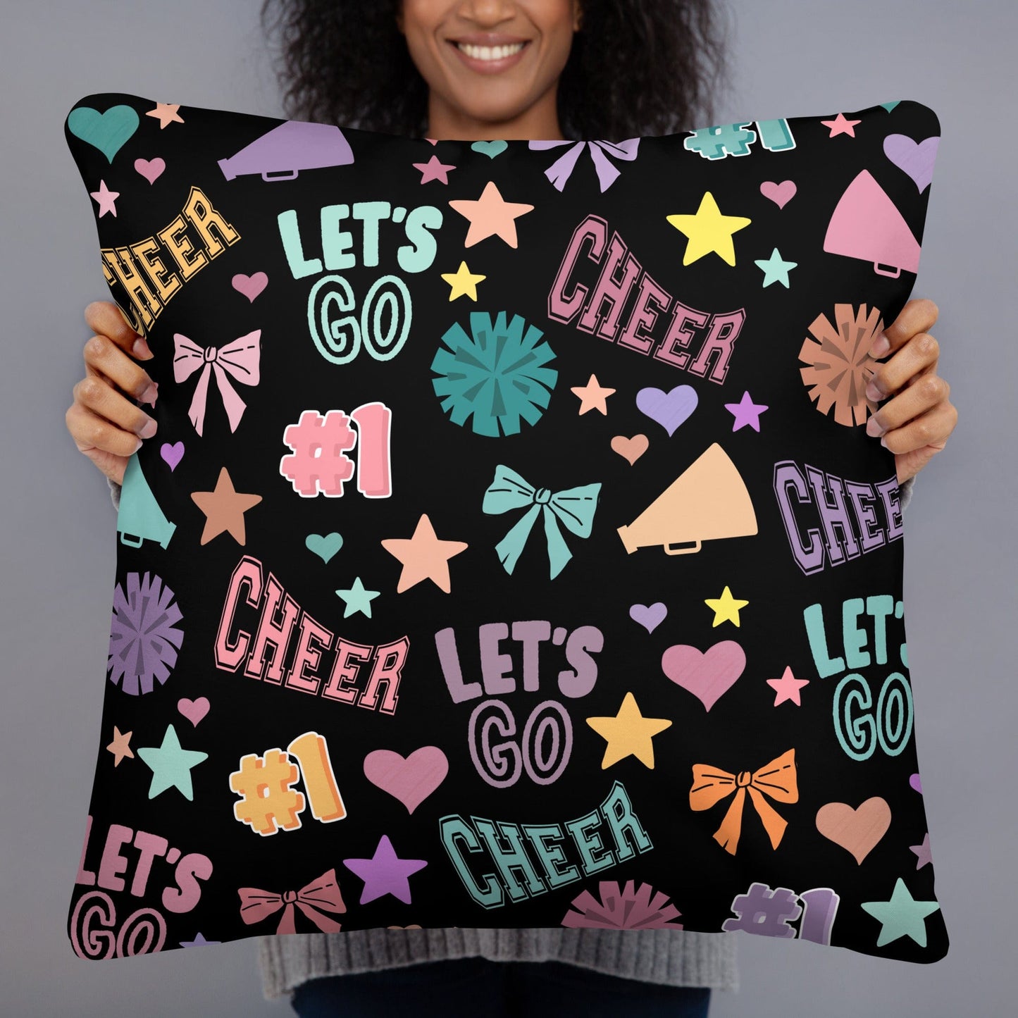 Pastel Cheer Pillow on Black – Cheerleader Room Decor Spirit Gear Collective Pillow