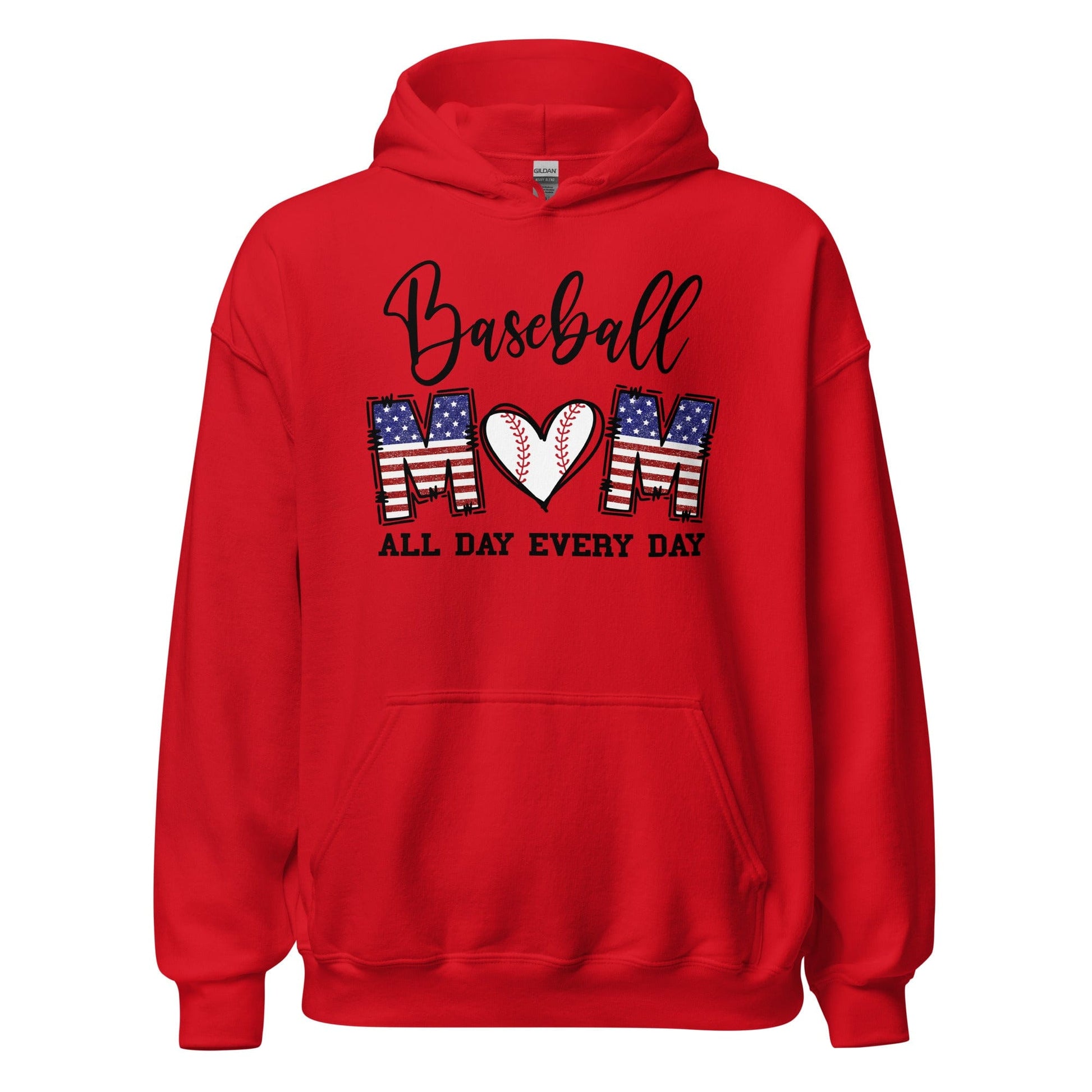 Patriotic Baseball Mom Hoodie - Red, White and Blue Graphic with Baseball Heart Red / S Spirit Gear Collective Hoodie