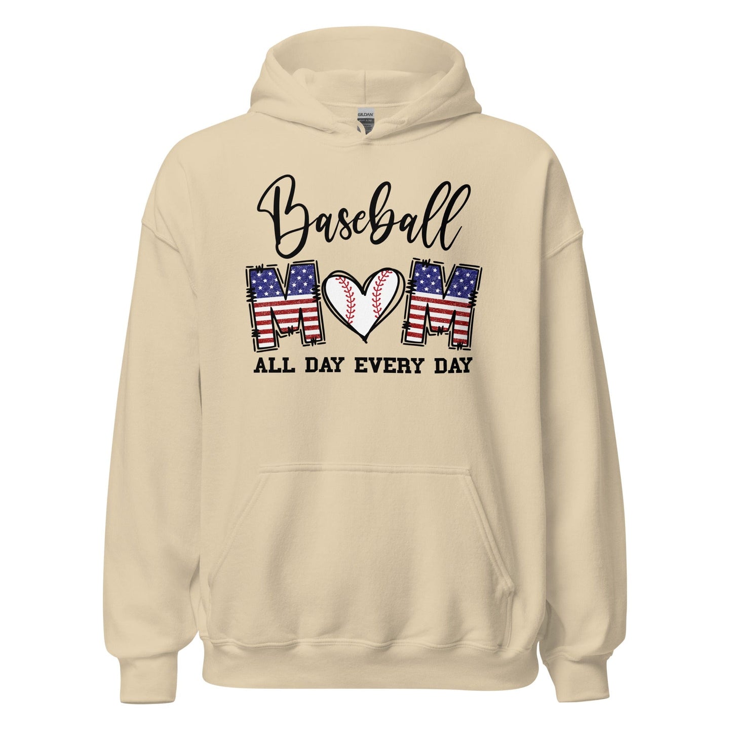 Patriotic Baseball Mom Hoodie - Red, White and Blue Graphic with Baseball Heart Sand / S Spirit Gear Collective Hoodie