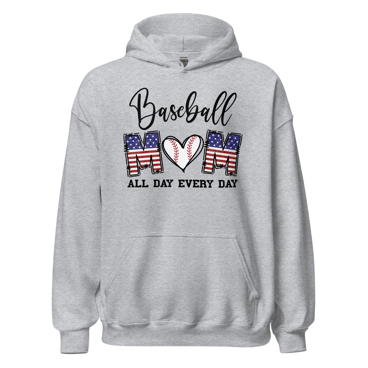 Patriotic Baseball Mom Hoodie - Red, White and Blue Graphic with Baseball Heart Sport Grey / S Spirit Gear Collective Hoodie