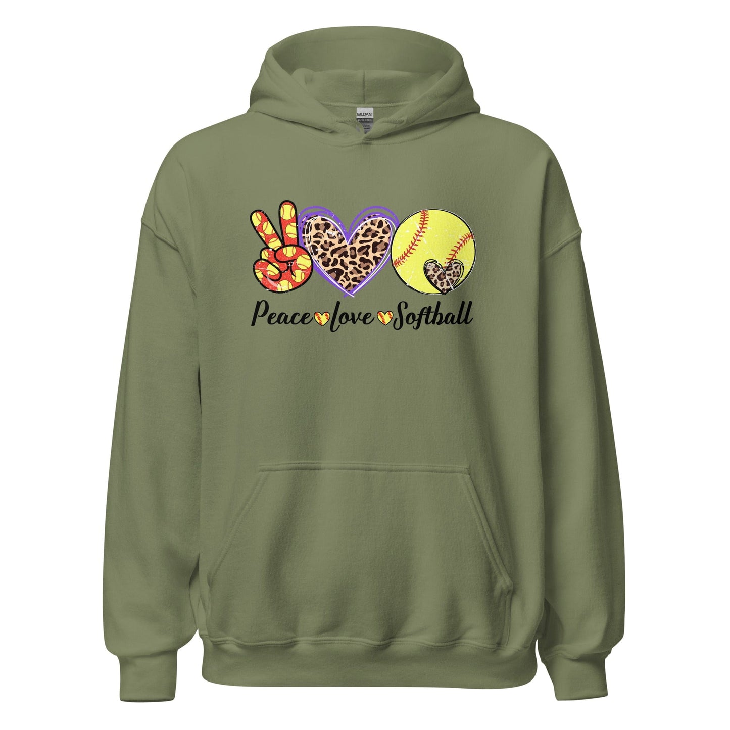 Peace Love Softball Hoodie Military Green / S Spirit Gear Collective Hoodie