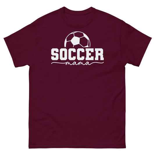 Soccer Mama Shirt with Soccer Ball - White Text Maroon / S Spirit Gear Collective T-Shirt