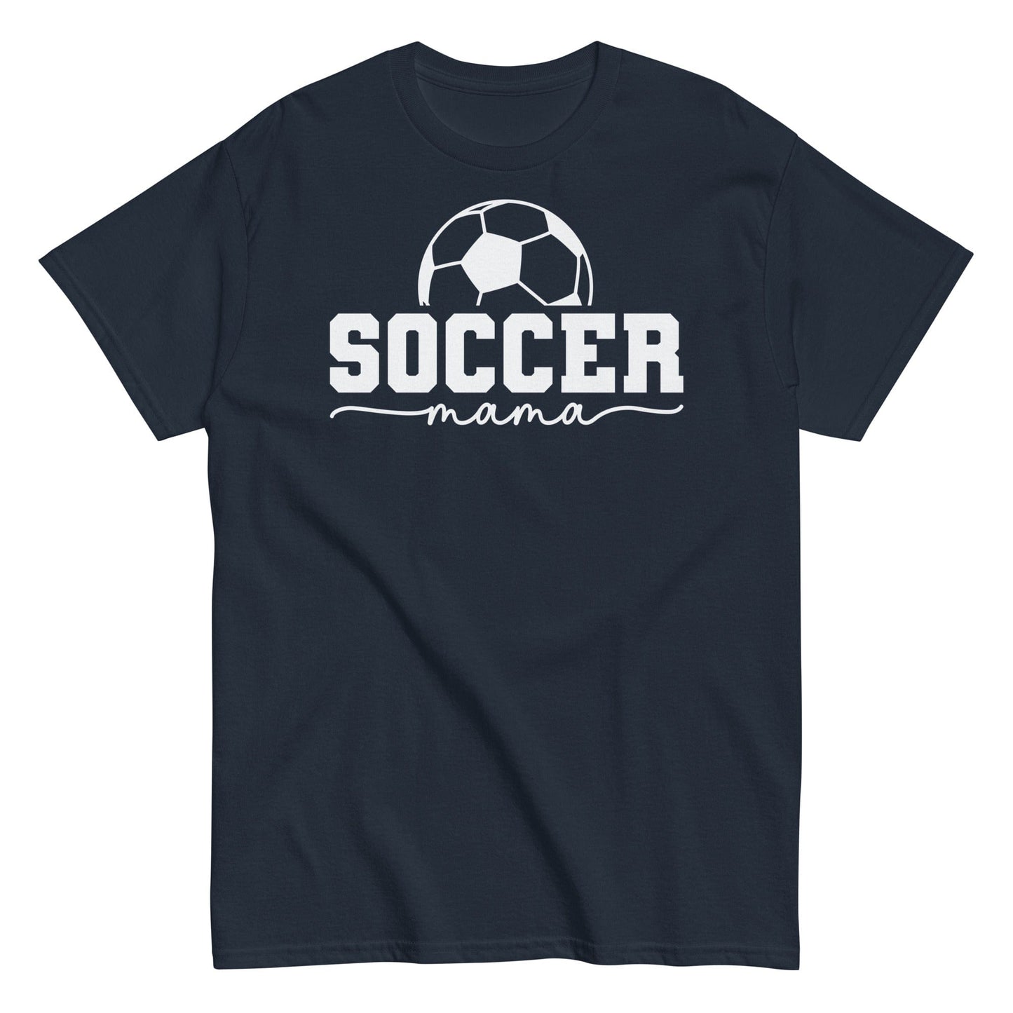 Soccer Mama Shirt with Soccer Ball - White Text Navy / S Spirit Gear Collective T-Shirt