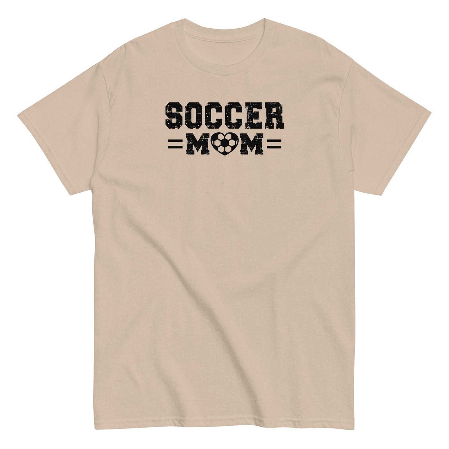 Soccer Mom Shirt – Distressed Text with Soccer Heart Design Sand / S Spirit Gear Collective T-Shirt