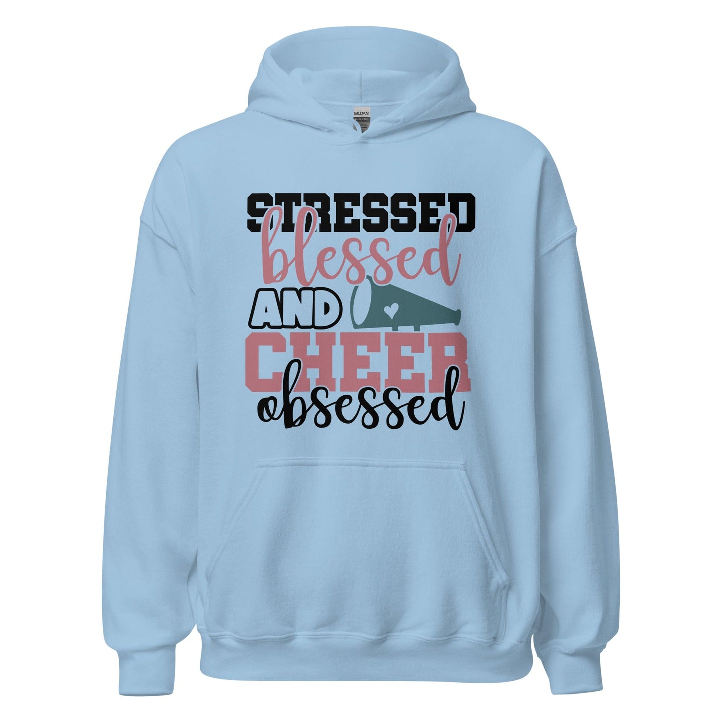 Stressed Blessed and Cheer Obsessed Hoodie Light Blue / S Spirit Gear Collective Hoodie