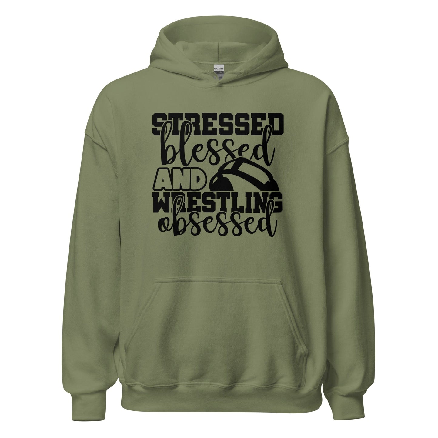 Stressed Blessed and Wrestling Obsessed Hoodie Military Green / S Spirit Gear Collective Hoodie