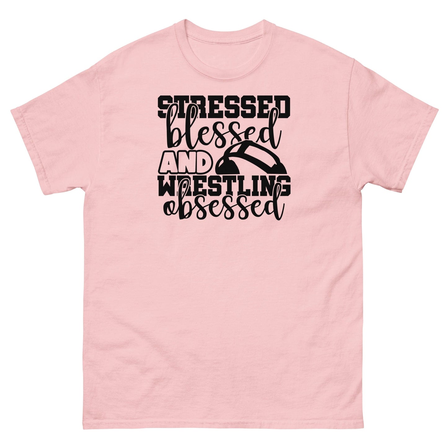 Stressed Blessed and Wrestling Obsessed Light Pink / S Spirit Gear Collective T-Shirt
