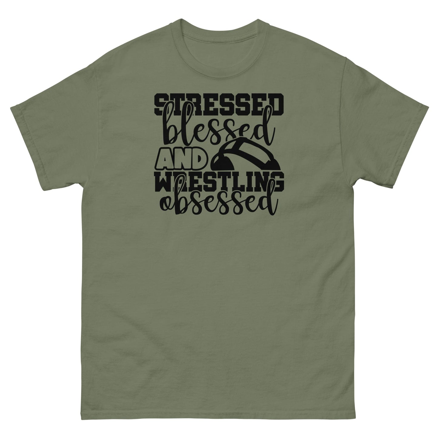 Stressed Blessed and Wrestling Obsessed Military Green / S Spirit Gear Collective T-Shirt